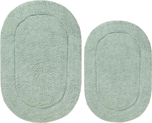 Superior Non-Slip 2 Piece Bath Rug Set, Ultra Plush, Soft and Absorbent 100% Combed Cotton Pile - Traditional Oval Bath Mat Set, Sage