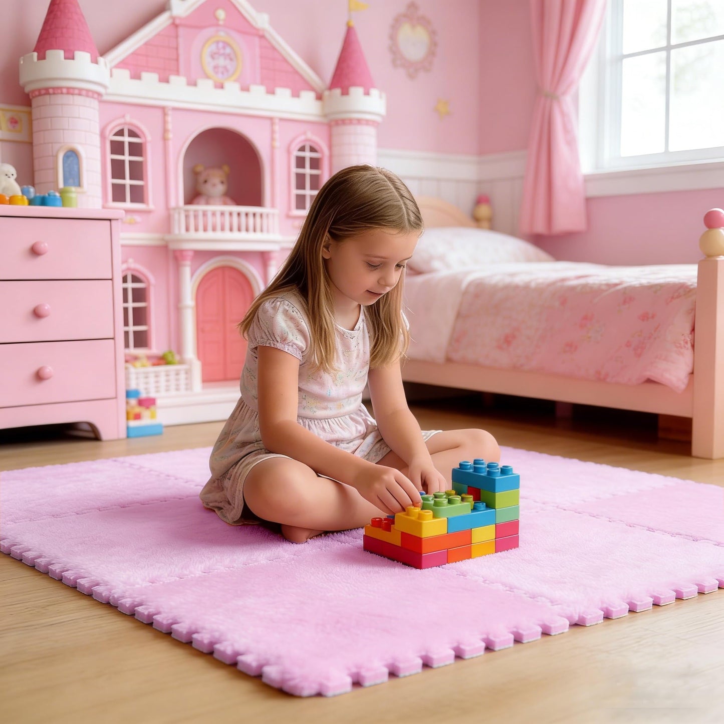 16 PCS Plush Interlocking Carpet Tiles, 0.6" Thick Soft Foam Floor Mat for Baby Crawling, Kids Playroom, Nursery, Bedroom, Living Room & Home Office, Non-Slip Puzzle Floor Tiles(11.8ft, Pink)
