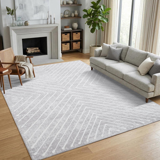 Garvee 8x10 Rugs for Living Room Geometric Rug for Bedroom Washable Rugs Contemporary Stain Resistant Easy Cleaning Non Slip Floor Cover for Dining Room Office Nursery, Light Grey