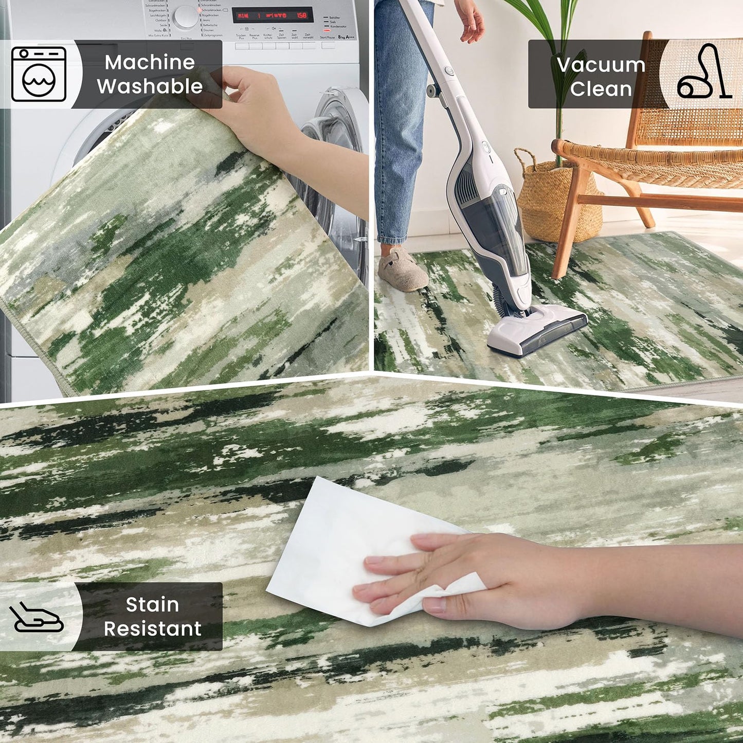 SILOLOOM Washable Entryway Rug Small Abstract Area Rug 2x3, Non-Slip Kitchen Rugs Soft Thin Indoor Door Mat, Printed Faux Wool Throw Rugs Floor Carpet for Bedroom Entry Front Door Sink, Green