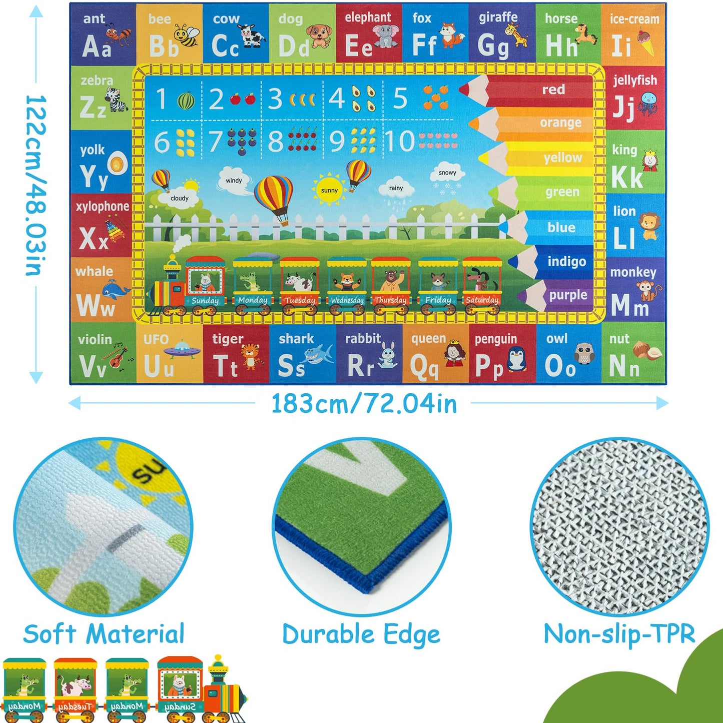 Unirea 4x6 Kids Rug for Playroom Bedroom Living Room, Washable Educational Play Mat with ABC Alphabet, Numbers, Animals for Classroom, Nursery, Colorful Learning Carpet for Toddlers, Rainbow