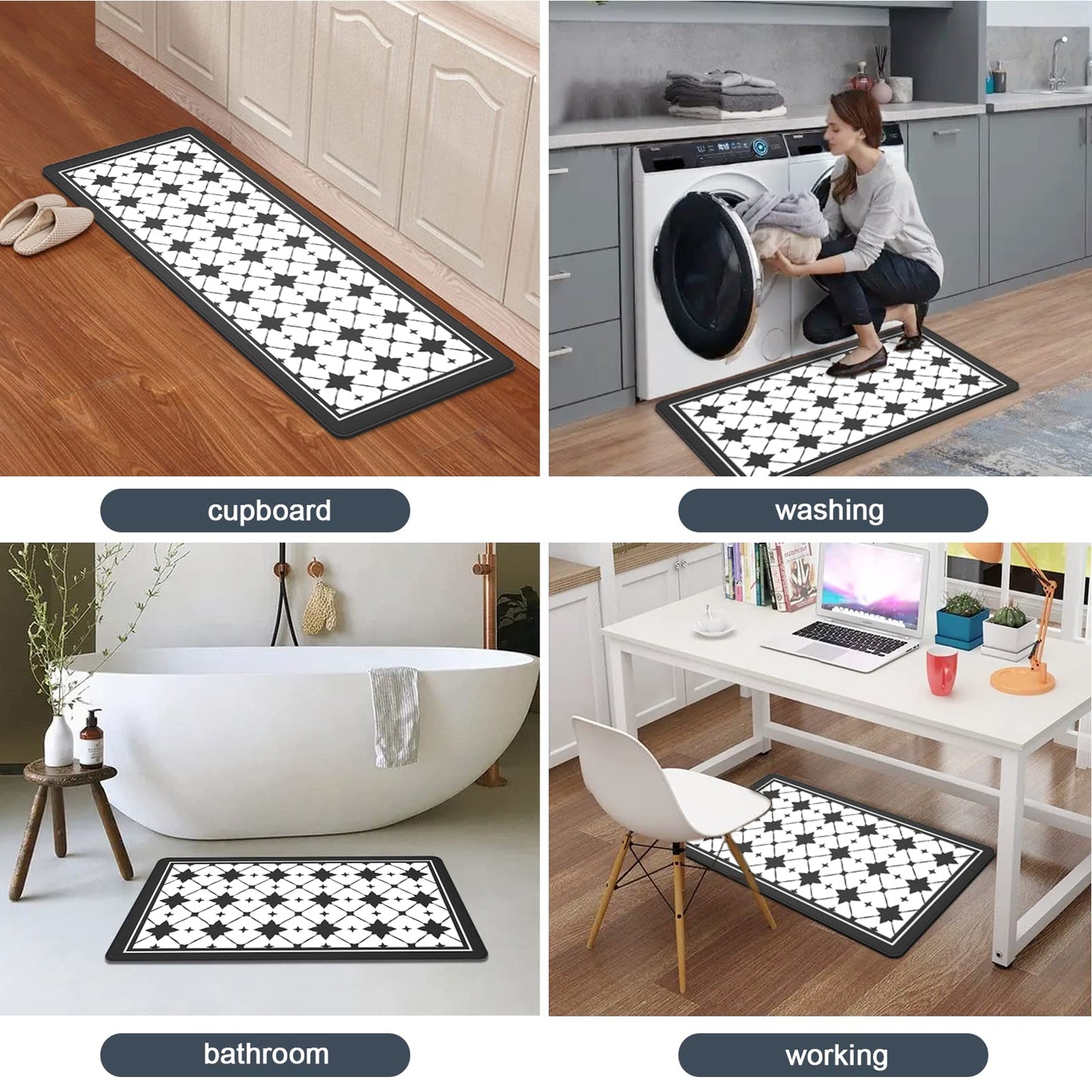 Artnice Kitchen Mat 2 PCS, Black White Plaid Cushioned Anti-Fatigue Kitchen Rug, Waterproof Non-Slip Kitchen Mats and Rugs, Heavy Duty Ergonomic Comfort Rug for Kitchen, Floor, Office, Sink
