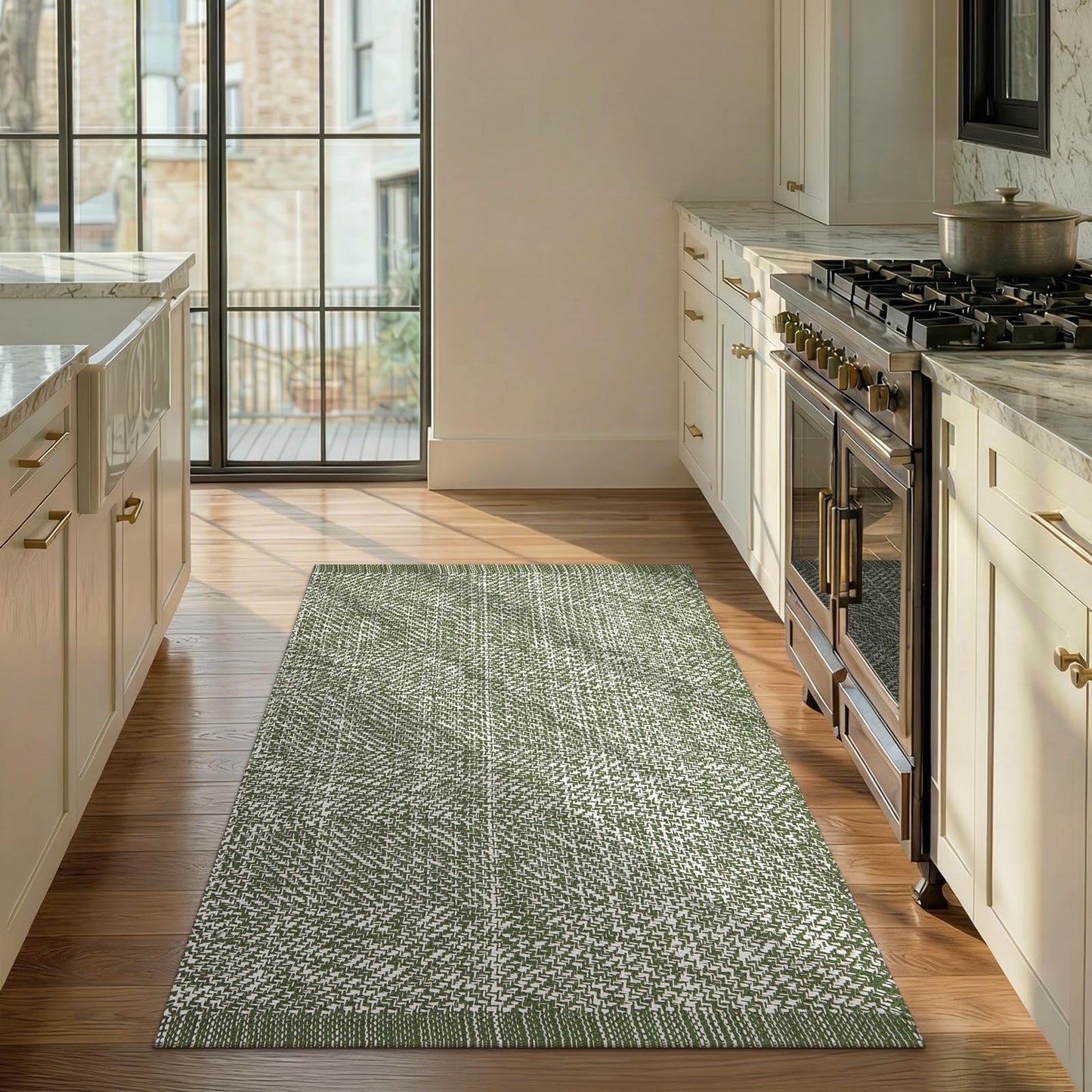 LEEVAN Washable Kitchen Rugs 3x5, Green Bedroom Rug, Cotton Woven Entryway Rug, Modern Braided Door Mat, Farmhouse Living Room Rugs, Reversible Carpet for Laundry Room Front Porch Outdoor Doormat