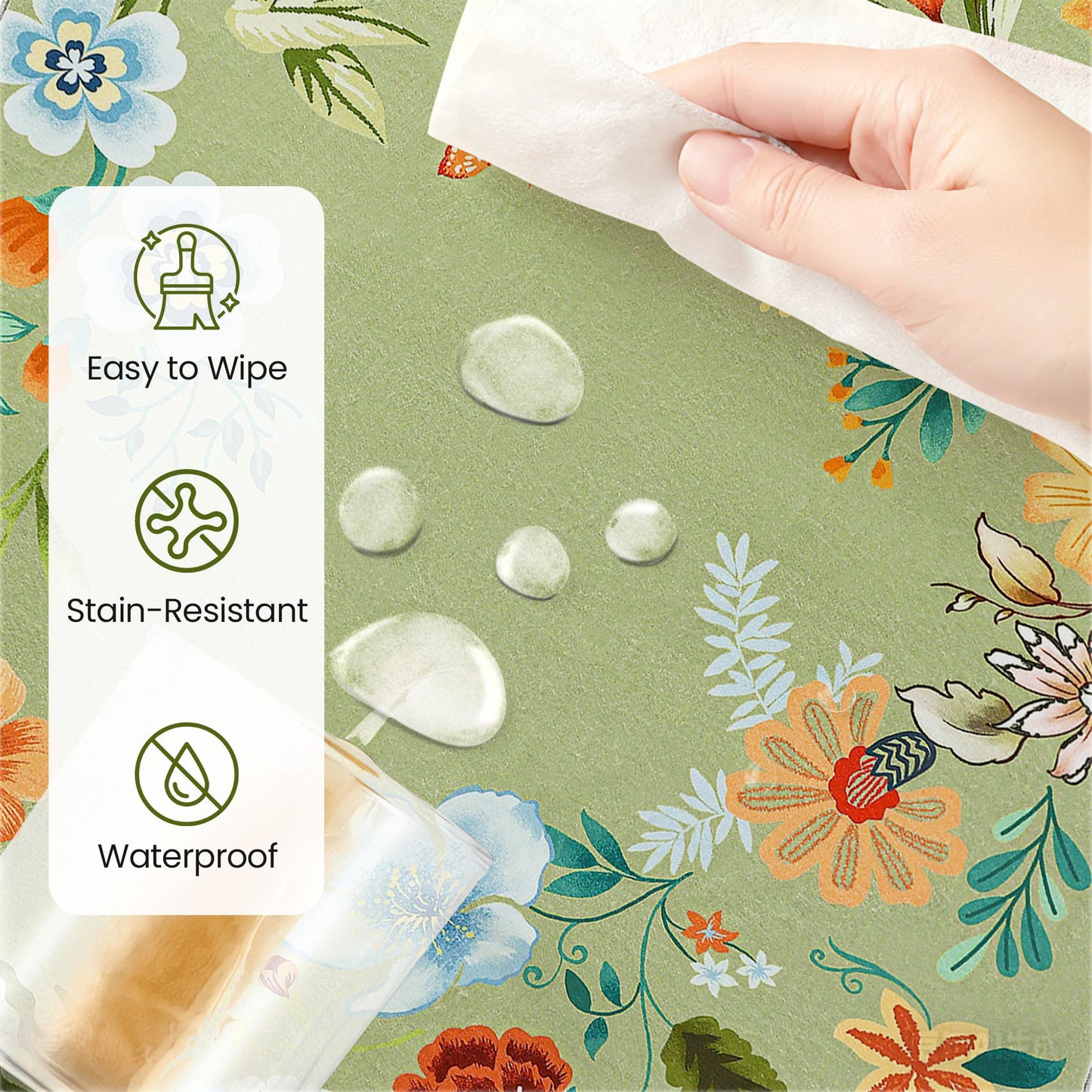Asrug Scalloped Round Rug 3ft, 3’Green Round Area Floral Rug Low Pile Stain Resistant Non Slip Washable Circle Rugs for Living Kitchen Bedroom Nursery Entryway, Floral Soft Carpet