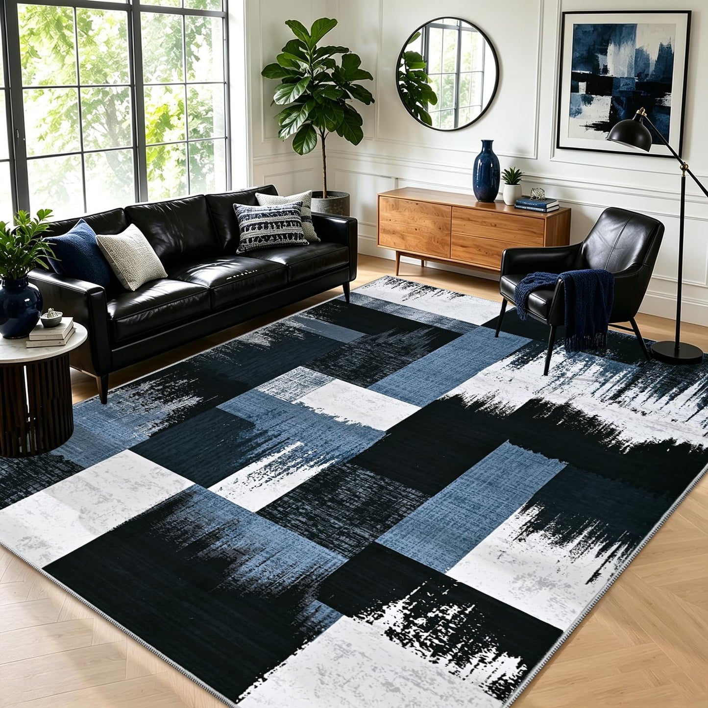 Yinhua Geometric 5x8 Area Rug for Living Room Modern Patchwork Rugs for Bedroom Low Pile Rugs Washable Non Slip, Soft Faux Wool Area Rug for Home Office, Dining Room, Blue and Gray Carpet