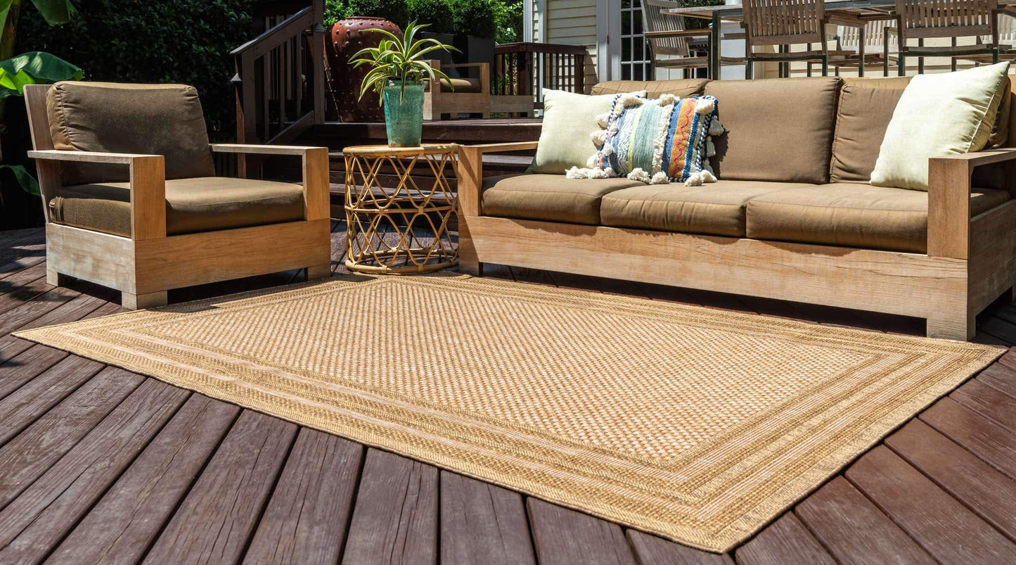 Unique Loom Outdoor Border Collection Area Rug - Multi Border (4' 1" x 6' 1" Rectangle, Tan/ Light Brown)