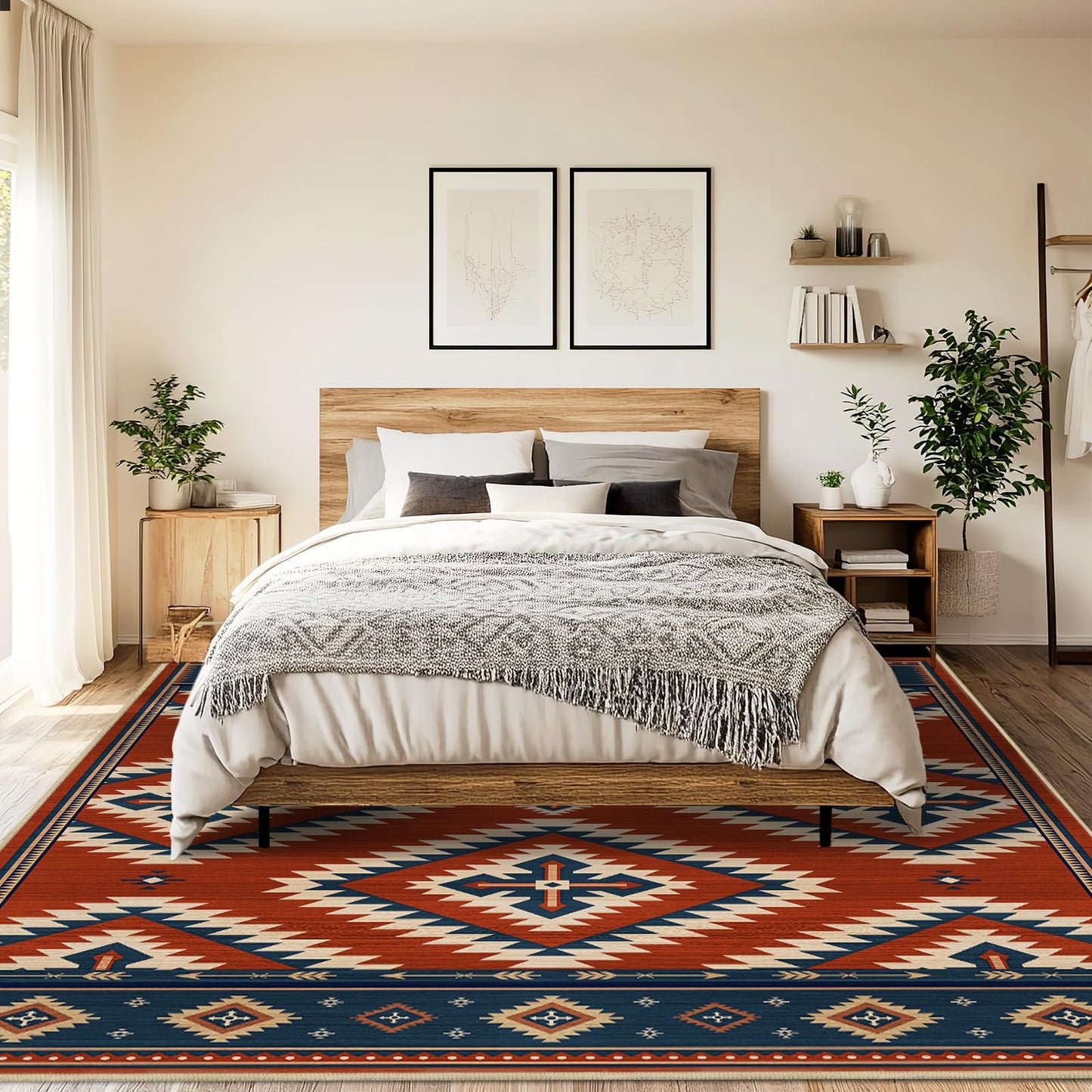 8x10 Area Rug for Living Room Southwestern Rug Machine Washable Western Aztec Southwest Area Rugs Non Slip Low Pile Navajo Tribal Large Dining Room Indoor Floor Carpet for Bedroom Office,Red