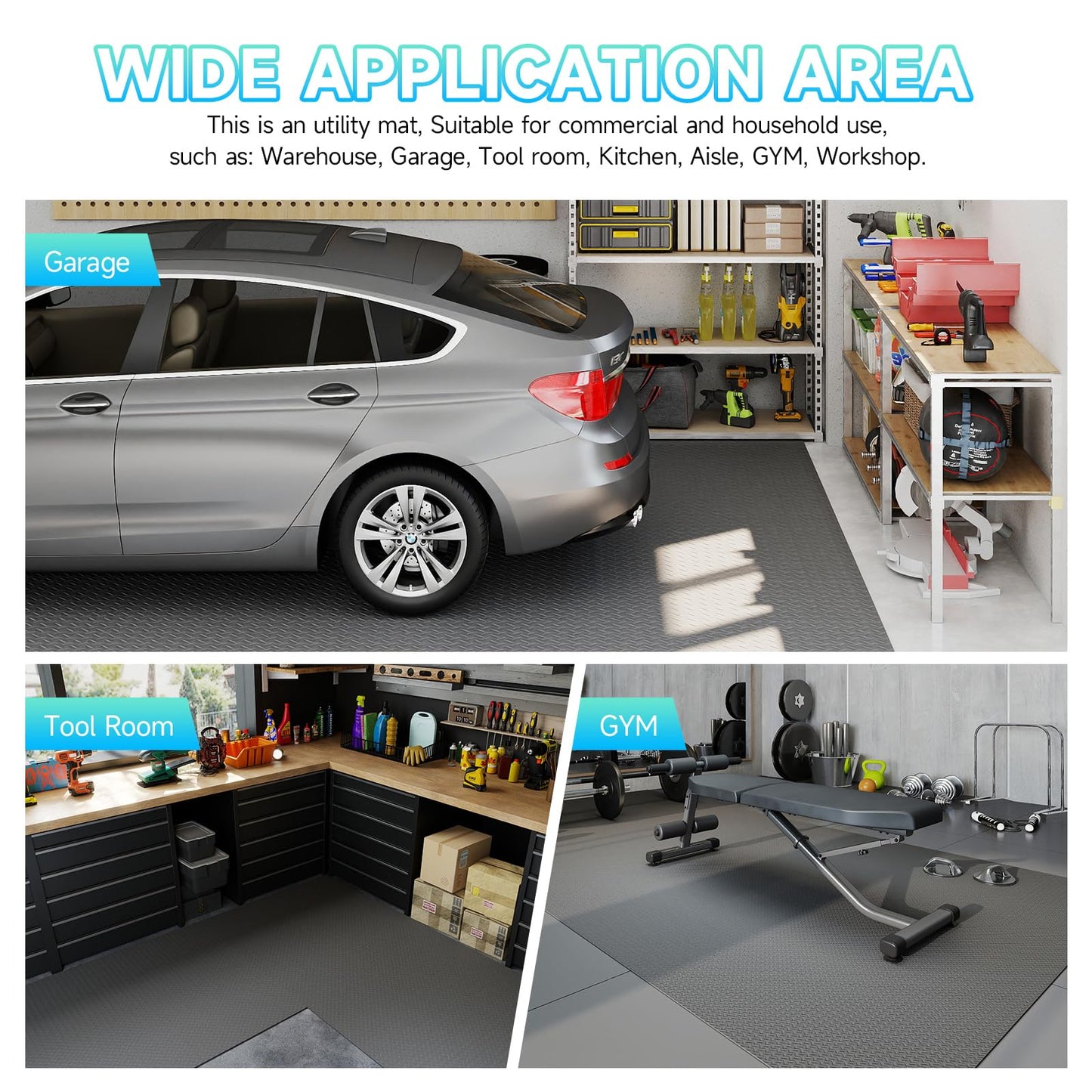 Best brose 7.5 x 28 FT Garage Floor Mat, Thickened Diamond Plate PVC Garage Mats Flooring Roll for Under Car, Garage Car Parking Mats for Compact SUVS, Sports Car，Silver