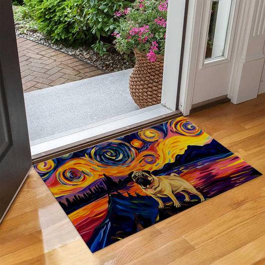 UNDAHIS Painting Pug Indoor Door Mat, Non Slip Starry Night Style Doormats for Living Room Kitchen, Non-Woven Fabric Welcome Mat for Entrance Office Home, Decorative Floor Rug Gifts 17x29.5in