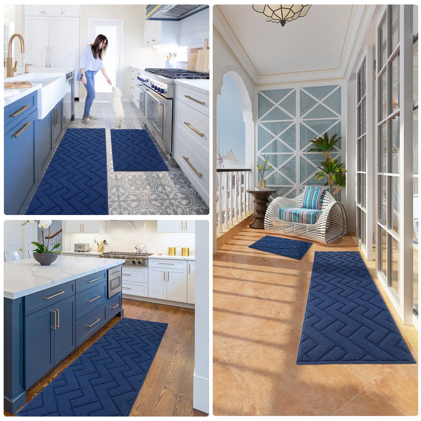 hicorfe Kitchen Runner Rugs and Mats Sets,2 Pieces Absorbent Non-Slip Kitchen Rug,Comfort Kitchen Mat for Floor,Washable for Kitchen,Hallway,Office,Sink,Laundry(20"x48"+20"x32" Navy Blue)