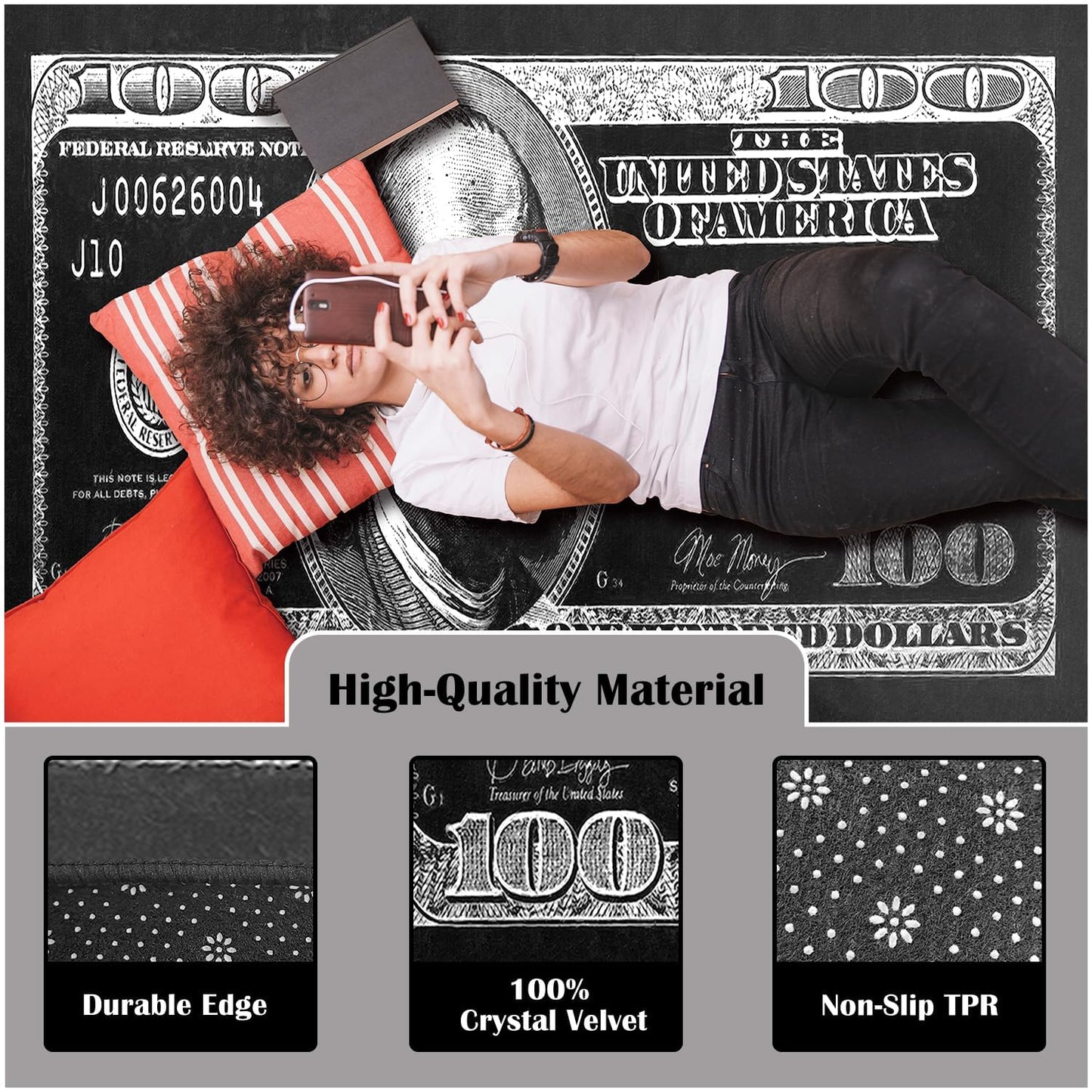 NITUMIR 4×6 Rug for Room Decoration Black and White Money Area Rugs Modern 100 Dollar Bill Rugs for Living Room Non-Slip Runner Rug for Bedroom Office Dining Room, Washable Cash Art Carpet 47”x71”