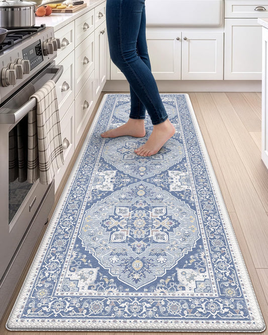 DEXI Kitchen Floor Mats Anti Fatigue, 23x86 Large Cushioned Vintage Runner Rug Waterproof, Standing Comfort Memory Foam Padded for Front Sink Laundry Office, Grey Blue