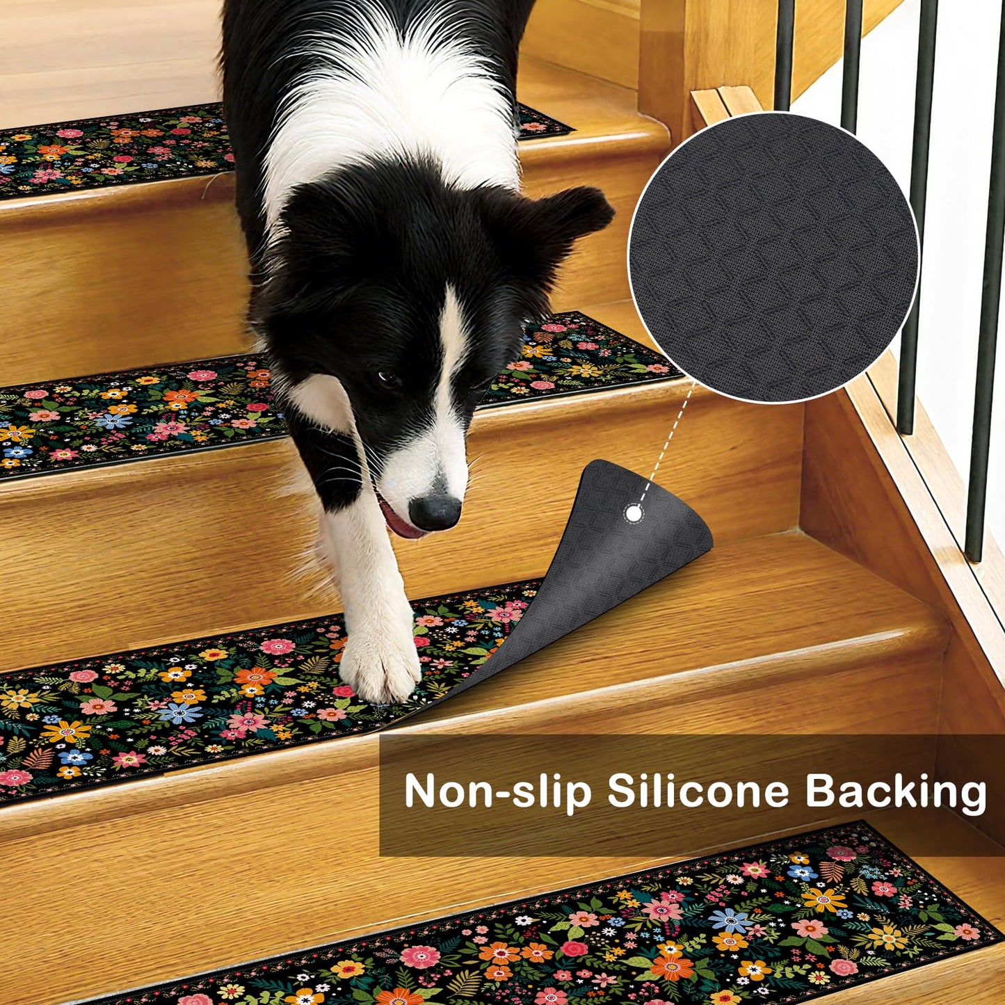 InIsaJace Floral Stair Treads for Wooden Steps, 15 Pack Black Stair Runners Non Slip Indoor 8" X 30", Washable Carpet Rugs with Silicone Backing for Kids Elders and Dogs