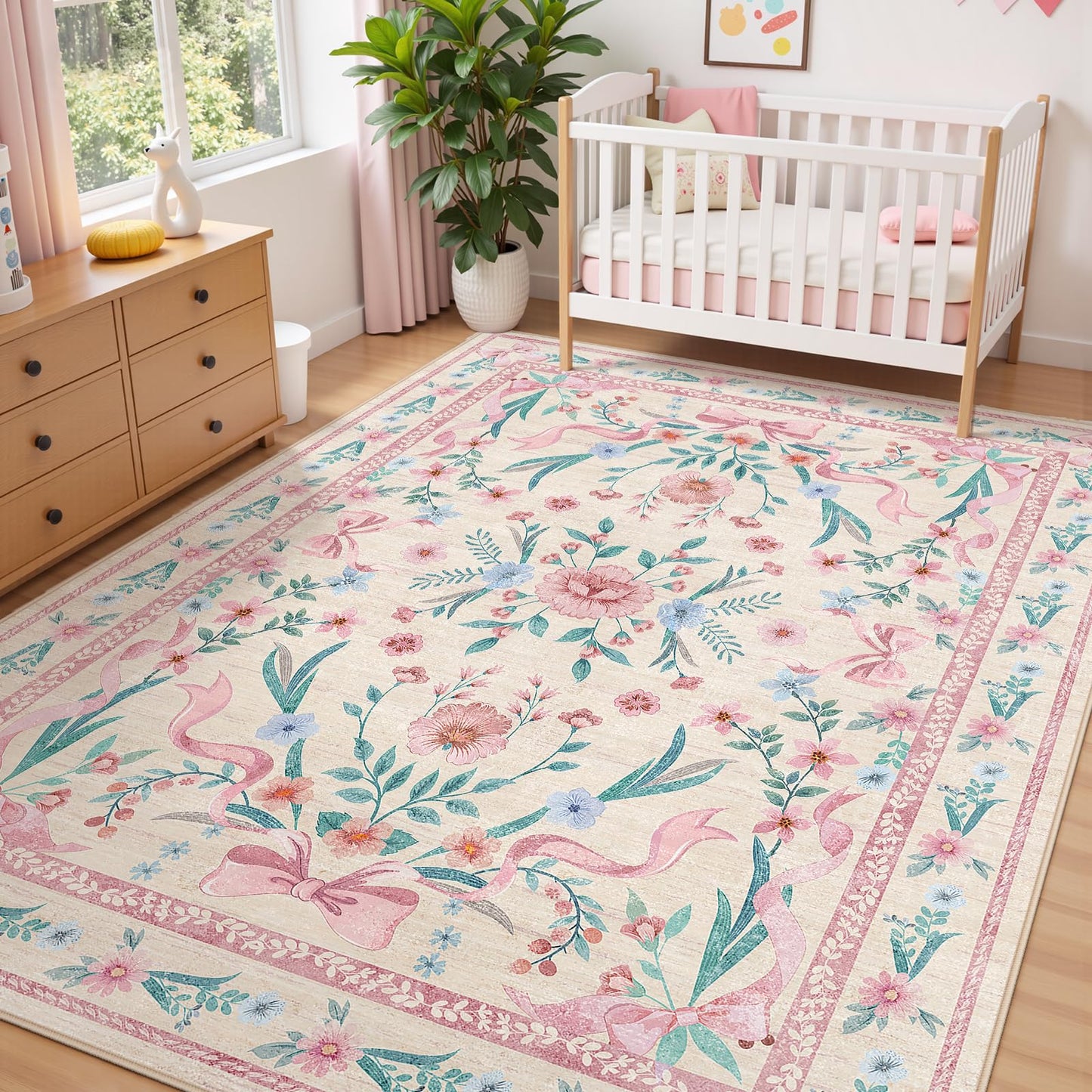 Kiginara Coquette Pink Bow Rug 5x7, Washable Floral Area Rug for Girls Bedroom & Nursery, Soft Low Pile Non Slip Carpet for Kids Room, Dorm, Playroom, Living Room