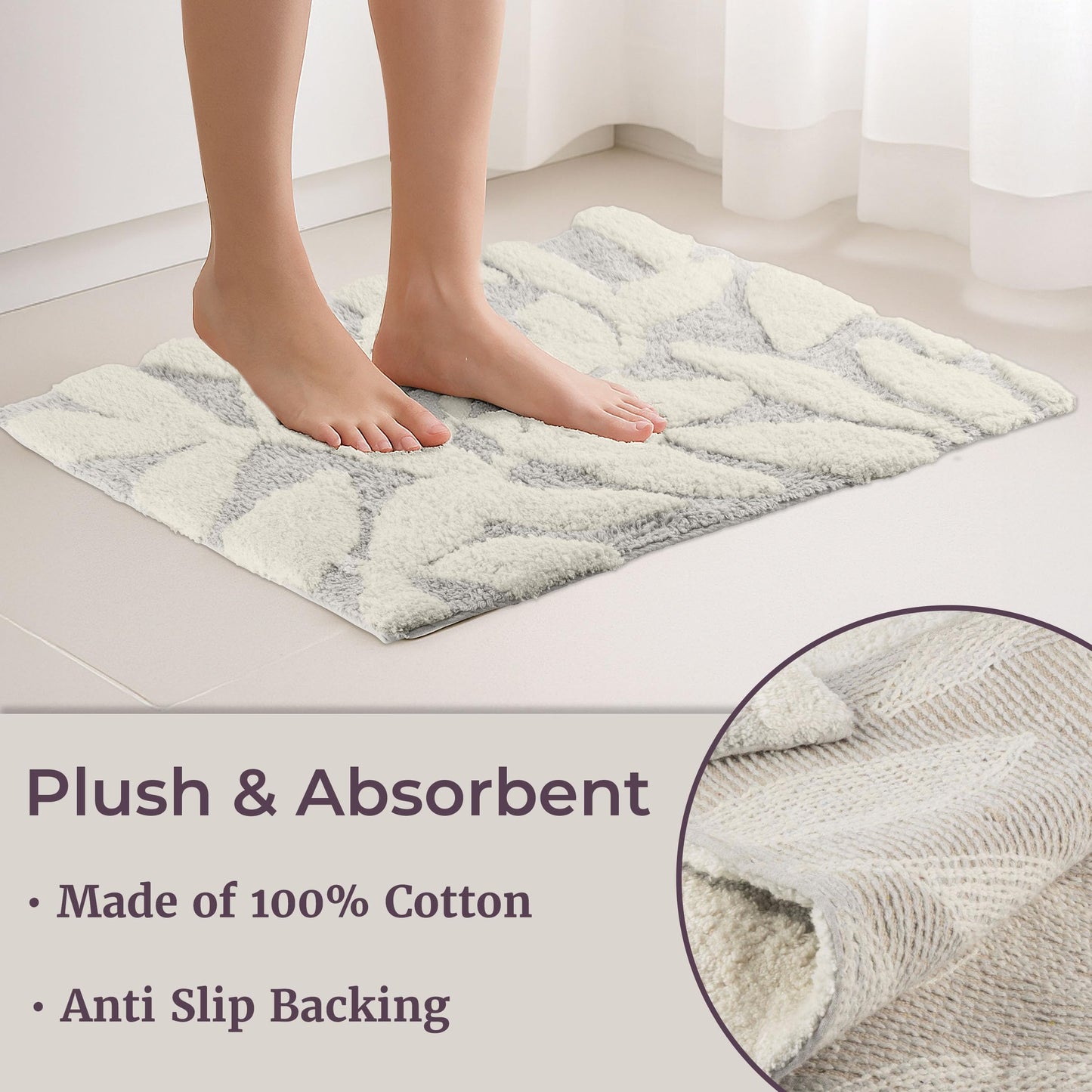 2 Piece Bathroom Rug Set - 35x22 Inch and 25x18 Inch 100% Cotton Bath Mats with Textured Botanical Leaf Print for Boho Bathroom Decor - Bath Rugs Non Slip Washable Bathmats by Lavish Home (Grey)