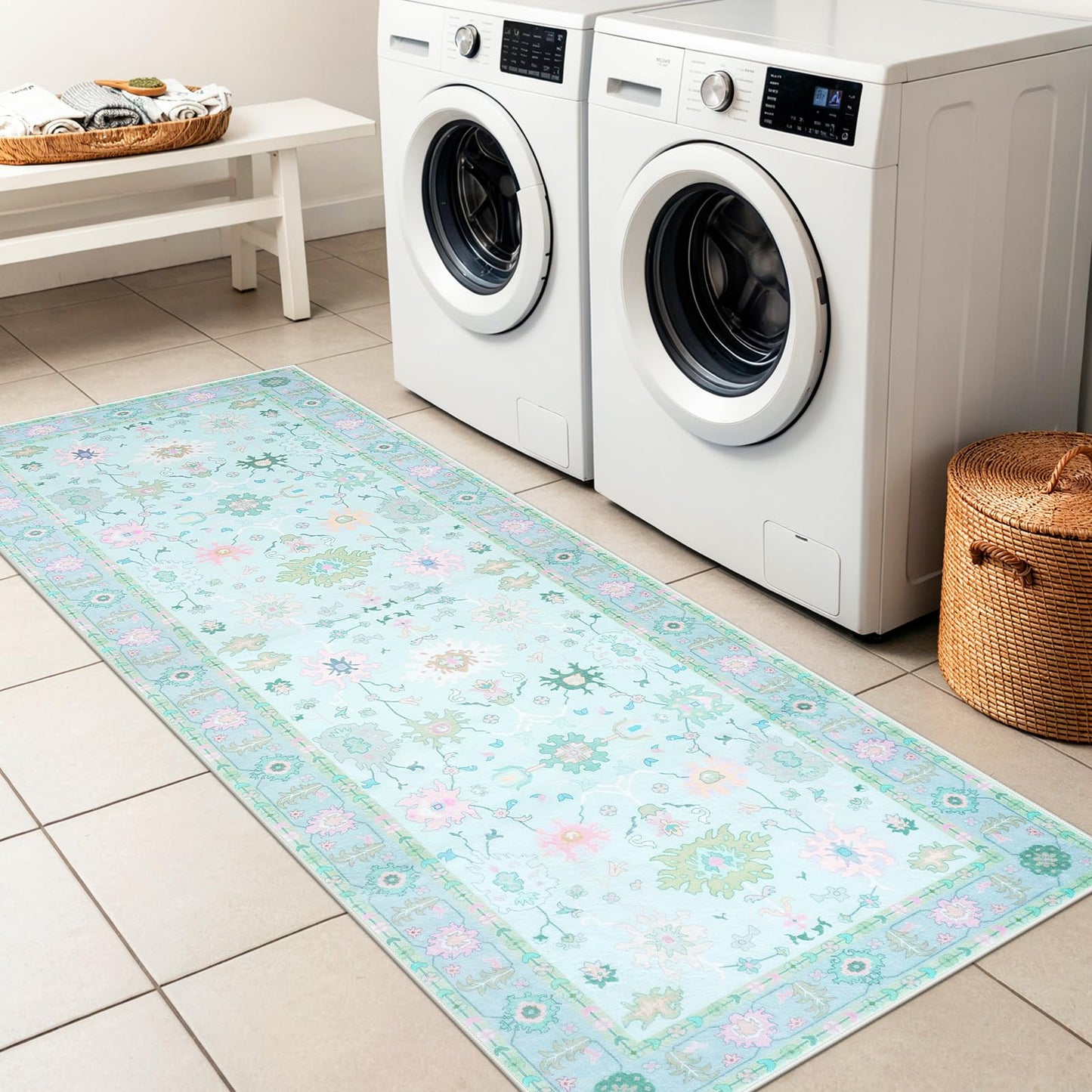 LIVEBOX Modern Oushak Bedroom Runner Rug, Boho Floral 2x6 Runners for Hallways 6ft, Non Slip Washable Soft Rug Kitchen, Ultra Thin Turkish Retro Carpet Runners for Bathroom Entryway, Blue