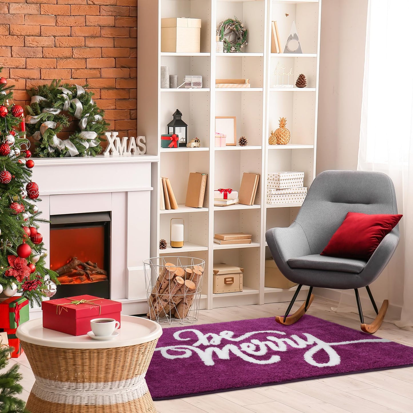 HunnmingRe 48 x 30 Inch Christmas Bathroom Rug Large Extra Soft Absorbent Bath Mat Purple Non Slip Bath Rug Be Merry Holiday Xmas Home Decor for Indoor, Living Room, Bedroom