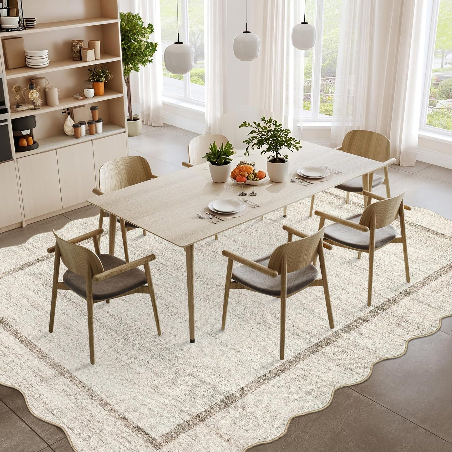GarveeHome Scalloped Large Living Room Area Rug 6x9 - Machine Washable Modern Rugs Bordered Neutral Rug Non-Shedding Low Pile Farmhouse Carpet for Bedroom Nursery Classroom Dorm 6 ft x9 ft Beige