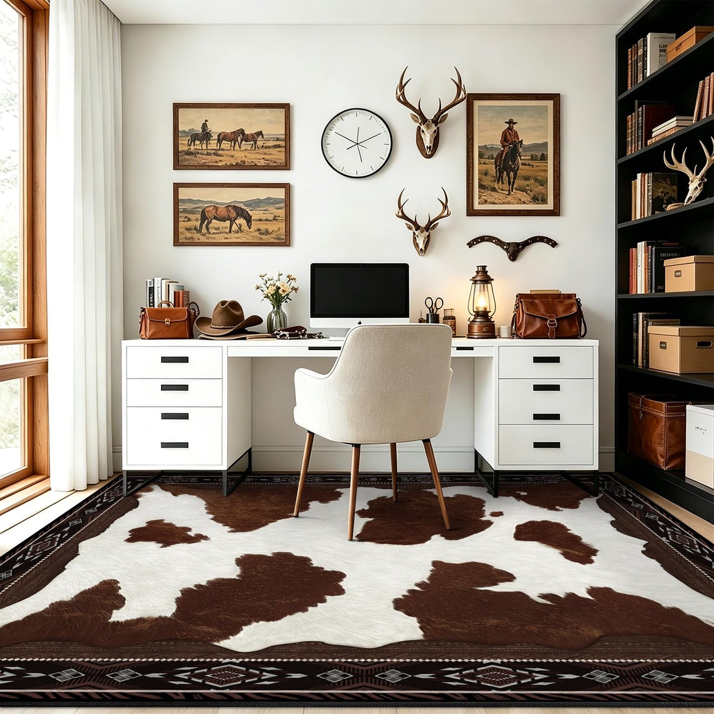 Yinhua Cowhide Rugs for Living Room 4x6 Cow Print Rug for Bedroom Washable, Soft Faux Animal Print Rug Low Pile Non Slip, Western Rustic Rugs for Dining Room Nursery Home Office, Brown and White
