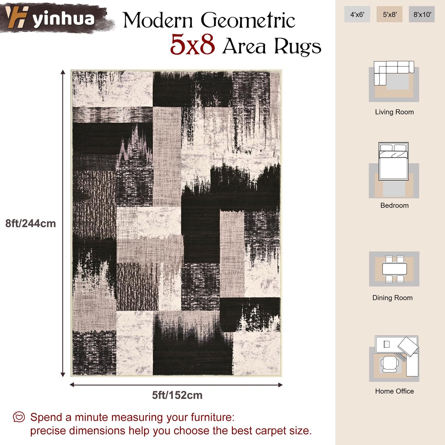 Yinhua Modern Geometric 5x8 Area Rug, Patchwork Brown Rugs for Living Room Washable Abstract Area Rug Non Slip, Low Pile Bedroom Rugs Stain Resistant, Mid Century Carpet for Dining Room, Office