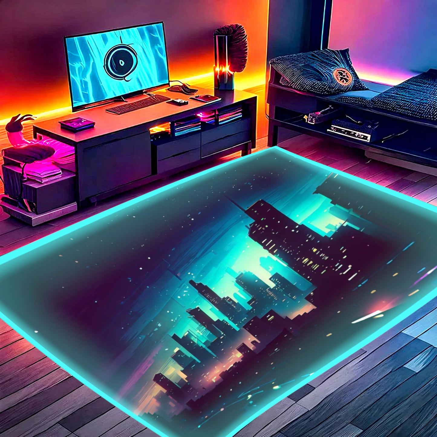 DEALZOOM Gaming Rug RGB LED Light (3x5 Skyline) - Bedroom Gamer Rug Floor Mat Gaming Decor - Kids Room Rug Anti Slip Mat for Gamer Chair – Play Game Room Décor for Teen, Boys, Kids
