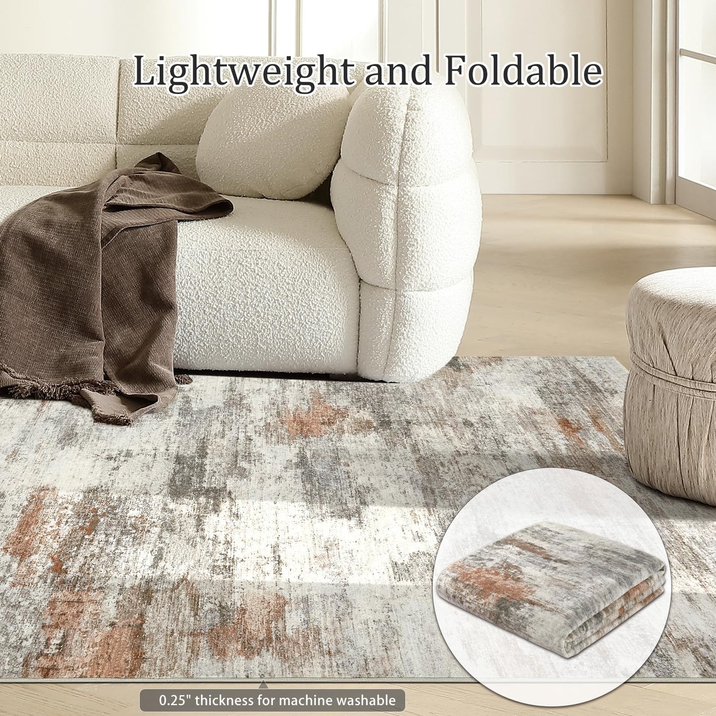 Boraya Area Rugs for Living Room: 8x10 Washable Neutral Modern Rug for Bedroom Large Soft Abstract Dining Room Rugs Indoor Floor Low Pile Carpet for Home Office Nursery - Rust Grey