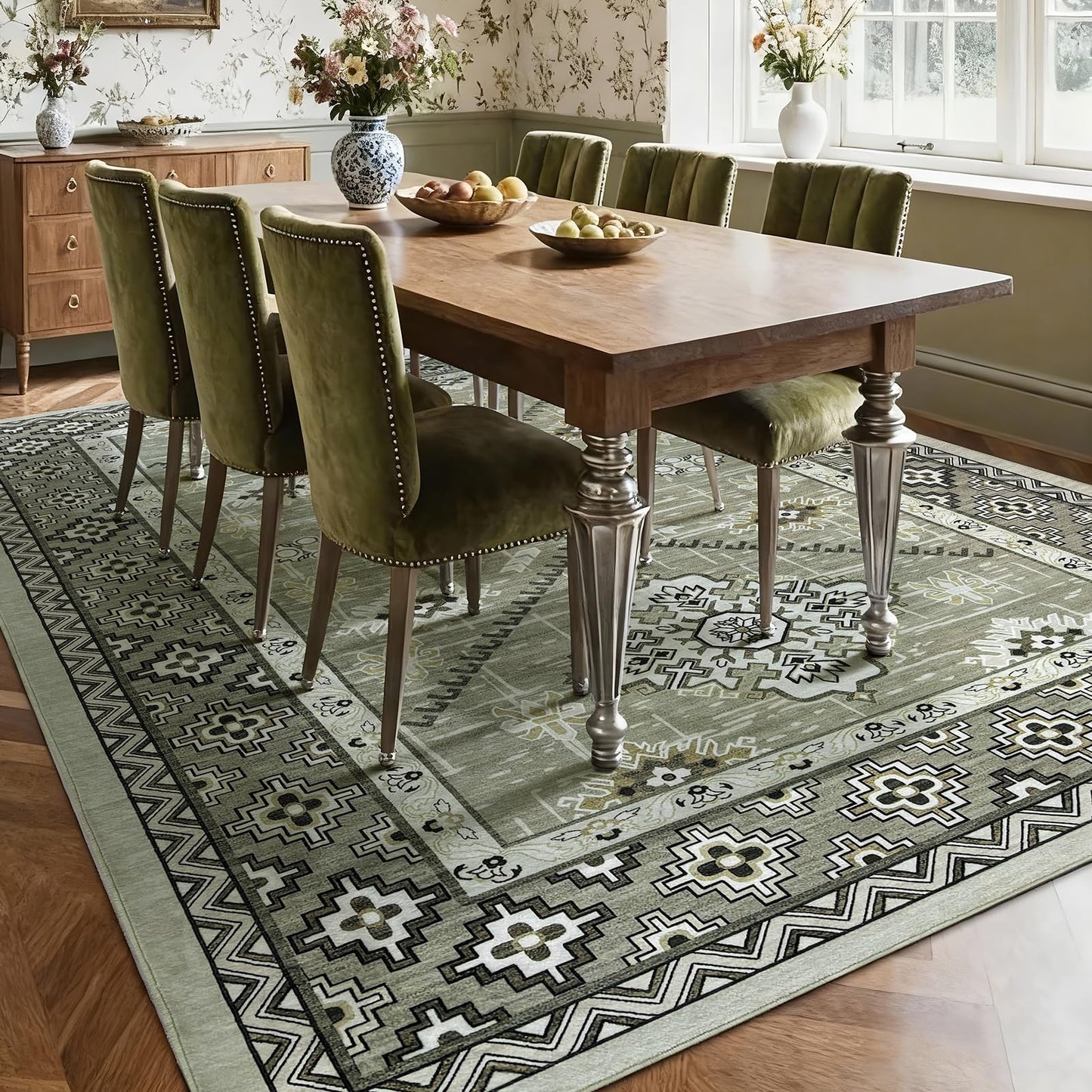 Boho Washable Area Rug 5x7, Large Soft Rugs for Living Room Farmhouse Vintage Beige Carpet 5x7 Area Rugs for Bedroom Dining Room Non-Slip Stain Resistant Under Table Rug