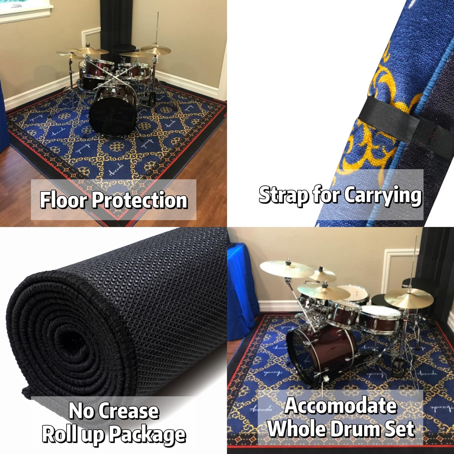 Aucuda Large Drum Rug 6x6.6 ft Drum Mat Outdoor, Tightly Woven Fabric Cool Drum Set Carpet with Non-Slip Grip Bottom, Electric Drum Accessories for Studio, Apartment, Soundproof, Guitar, No Crease.