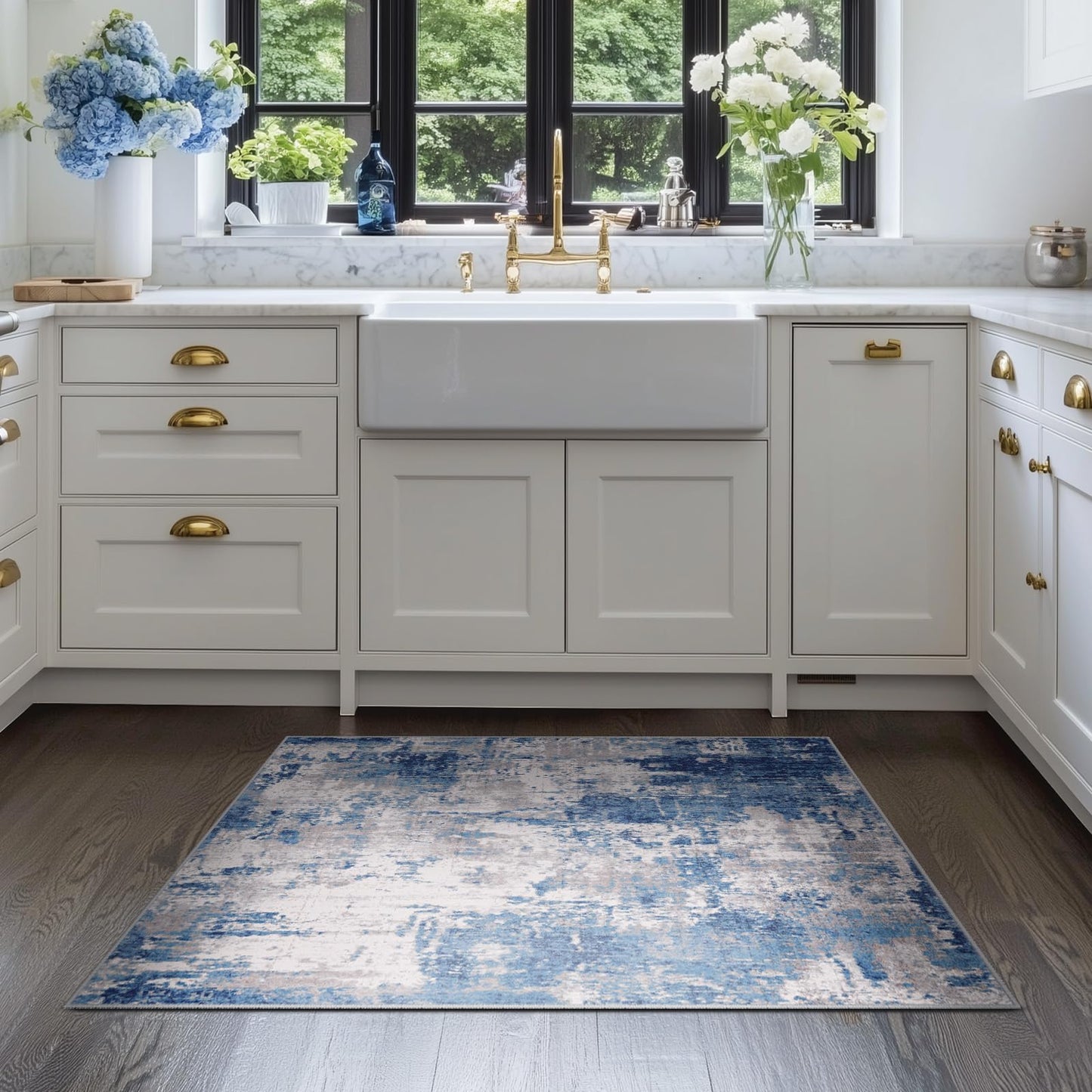 RELEANY Washable Area Rugs 3'x5' Non-Slip Modern Abstract Soft for Living Room Entryway Bedroom Kitchen, Print Pattern, Blue Grey Navy Gray