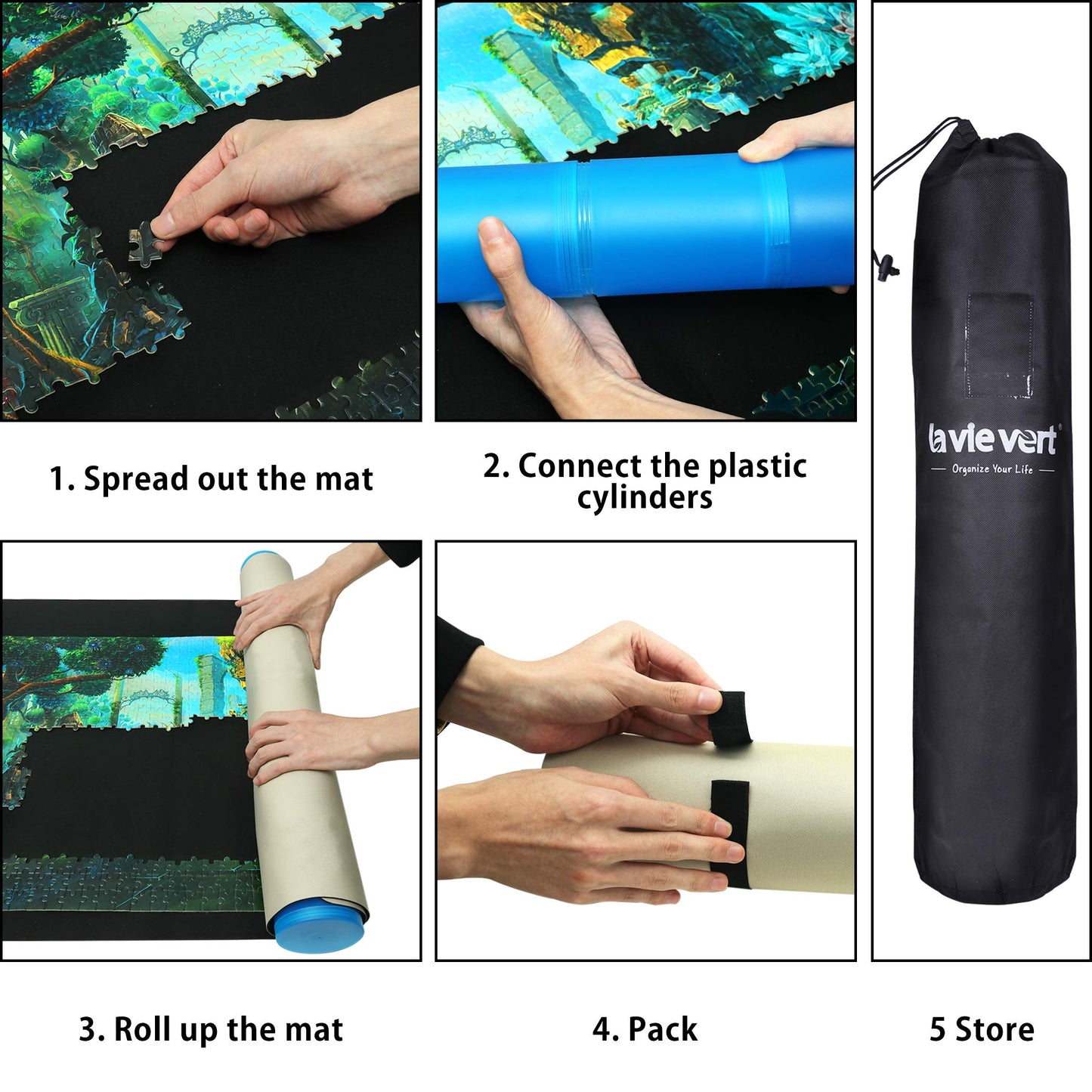 LAVIEVERT 2-in-1 Reversible Jigsaw Puzzle Mat, 2mm Thick Neoprene Puzzle Mat Roll Up, Portable Puzzle Board Holder Saver with Storage Bag & Plastic Cylinder Up to 1500 Pieces - Black & Khaki