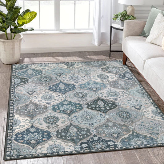 Lahome Moroccan Machine Washable Area Rugs, 4x6 Rug for Living Room Bedroom, Soft Non-Slip Rug Vintage Trellis Ultra-Thin Throw Carpet for Dining Room Office Elise, Blue