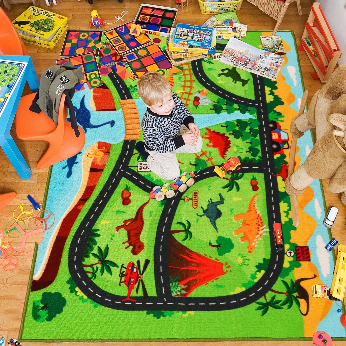 Kids Car Rug,6'7" x 9'10" Dinosaur Car Carpet for Kids Toy Cars,Non Slip Dino Safari Road Map Kid Rug for Playroom Bedroom Boys,Kids Play Mat Road Rugs,Track Rug Car Play Carpet for Kid