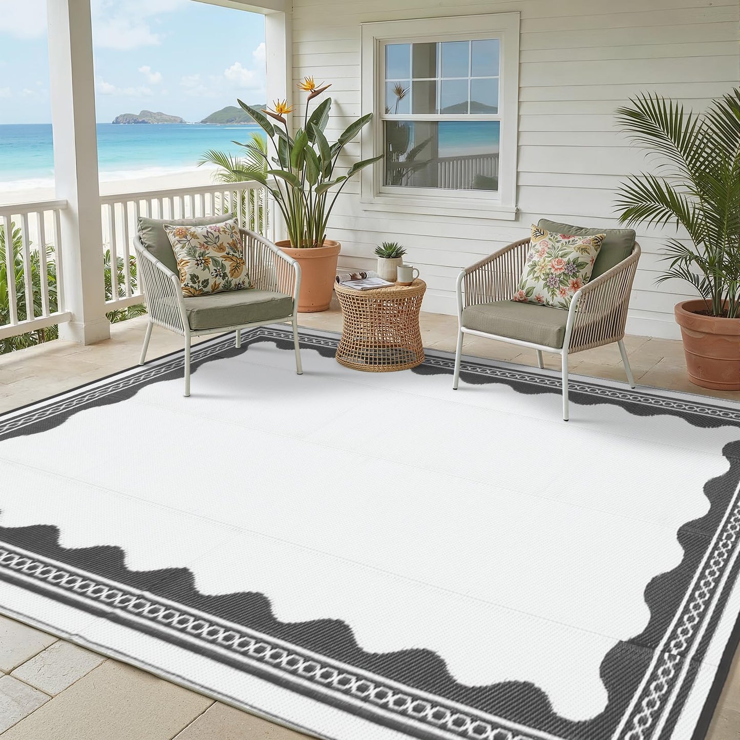 Garvee Outdoor Rug 5x8 Scalloped Waterproof Patio RV Outdoor Rugs Reversible Foldable Plastic Straw Rug Modern Camping Carpet for Deck Camper Porch Balcony Backyard Picnic Beach Grey