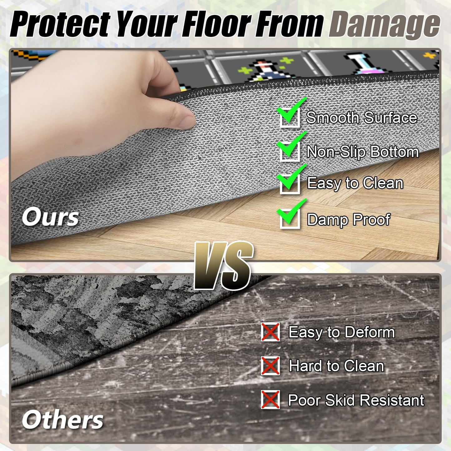 DRVAKO Game Rug Teen Boys Carpet with Pixel Games Element Items Decoration Mat, Weapon Medical Game Rugs for Boy’s Bedroom Living Room Playroom, Non-Slip Children Gaming Area Rugs (Grey, 60" x 40")
