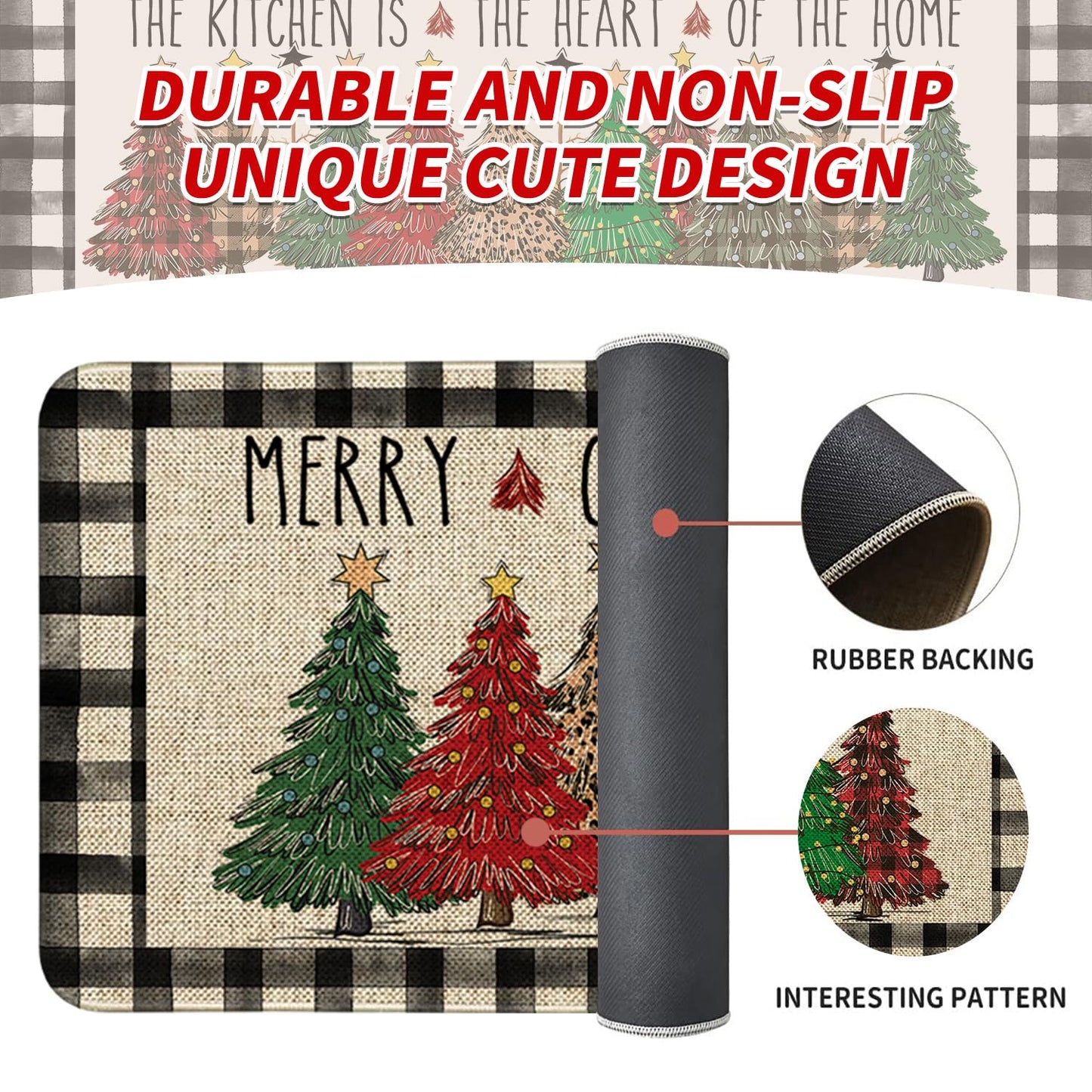 bchiijds Christmas Tree Kitchen Mat Decor, Black & White Buffalo Plaid Christmas Kitchen Rugs Set of 2 Non Slip Indoor Xmas Holiday Floor Mat Runner Rug Home Decorations