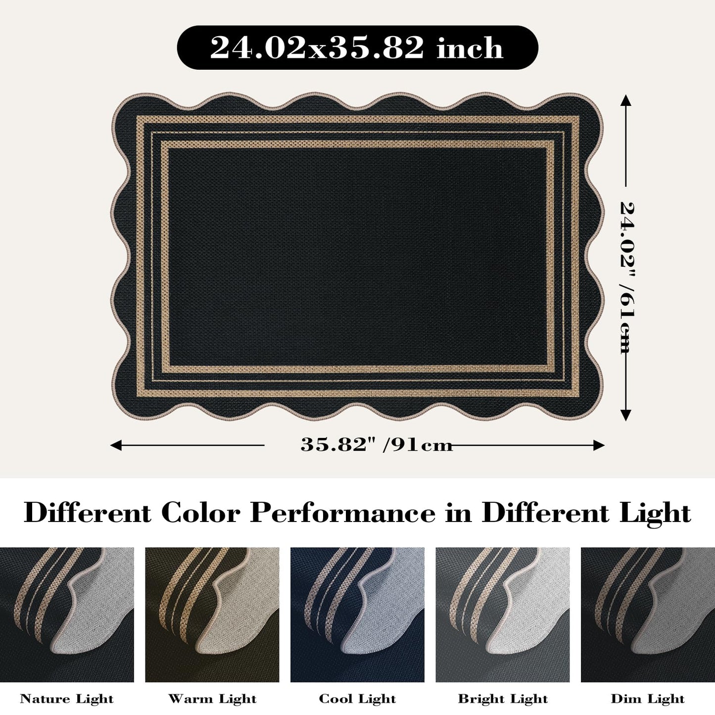 LORWER Easy Jute Black Kitchen Rug, 2x3 Front Door Mat Washable Non Slip Small Entryway Rug, Indoor Outdoor Farmhouse Scalloped Doormat for Bathroom Doorway Porch