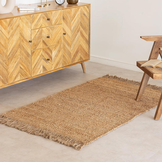 HOMEMONDE Braided Jute Area Rug with Tassels 4'x6' Natural Handwoven Chunky Boho Home Décor Vintage Farmhouse Style Rug - for Bedroom, Living Room, Dining Room Kitchen, and Hallway