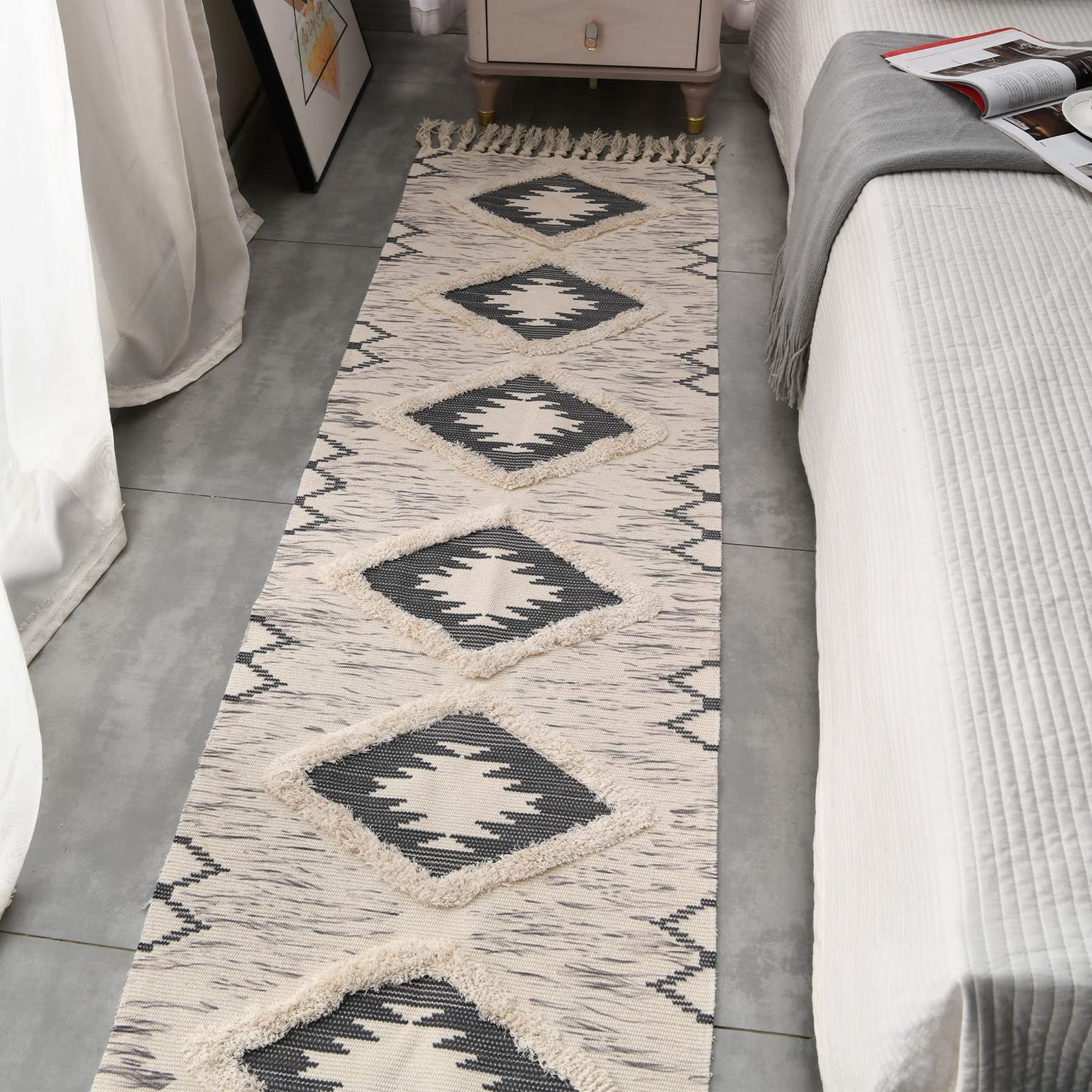Boho Runner Rug 2'x6', Washable Hallway Rug Runner Non Slip Rubber Backed, Kitchen Farmhouse Area Rug Floor Mat with Tassels, Tufted Woven Cotton Entryway Carpet, Grey