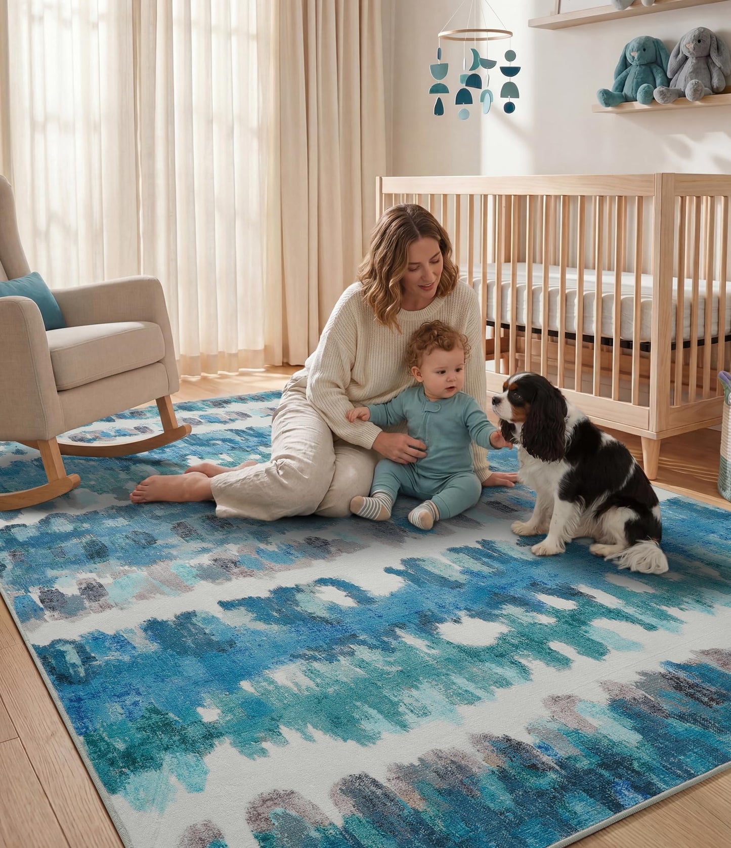 YIHOUSE Abstract Area Rug 5x7, Washable Blue Rugs for Living Room, Non-Slip Backing, Low-Pile Soft Modern Rug for Bedroom, Dining Room, Office, Nursery