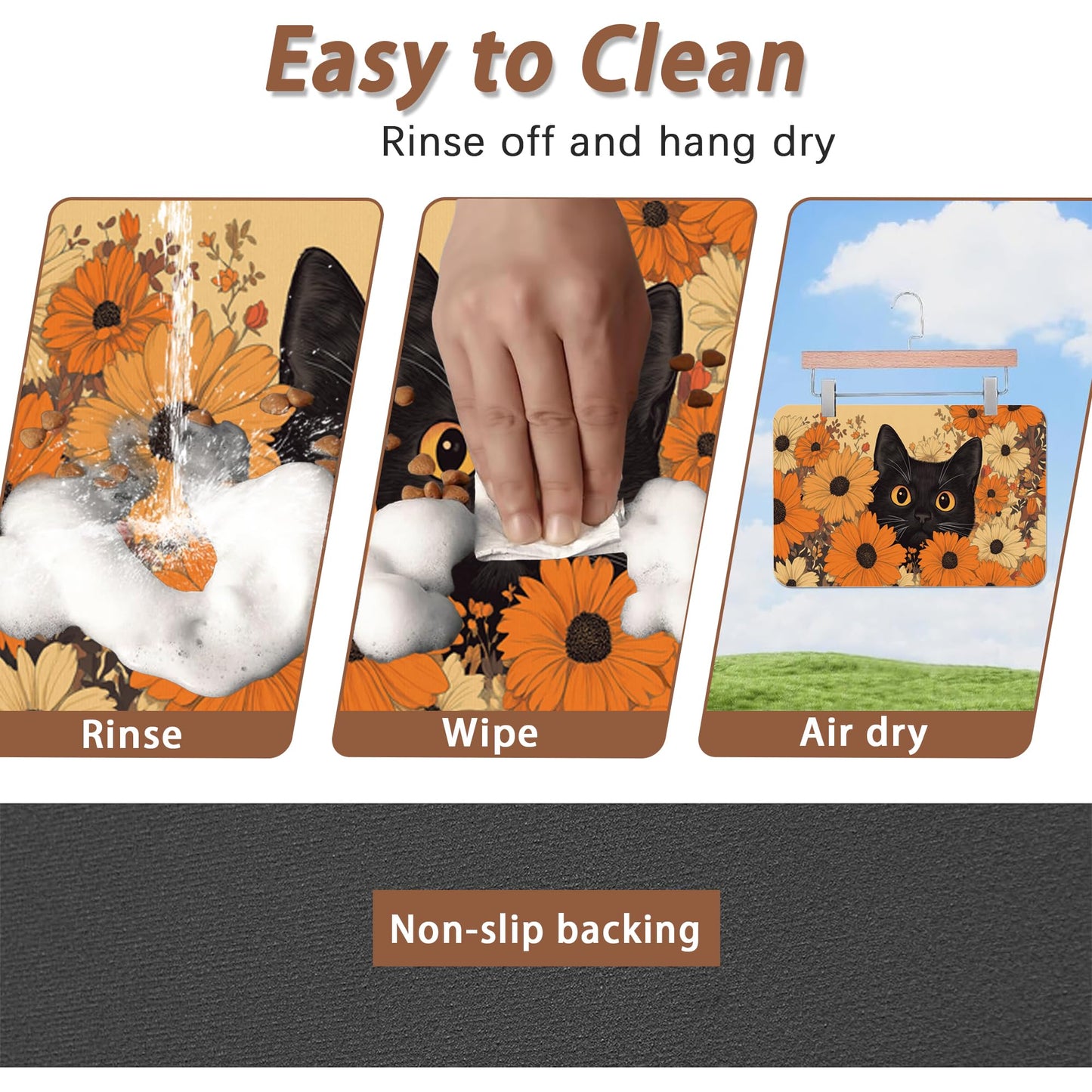 Black Cat Dog Food Mat for Floors,Fall Flower Daisy Absorbent Pet Food and Water Bowl Mats,Non-Slip Pet Feeding Mat,Pet Supplies 12" x 20"