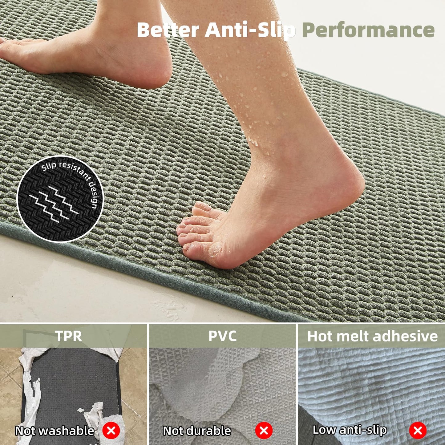 TYUU Bathroom Rugs Non Slip Washable, Super Absorbent Thin Bath Mat Small Quick Dry Low Pile Bathroom Rug, Sage Green 16"x24"