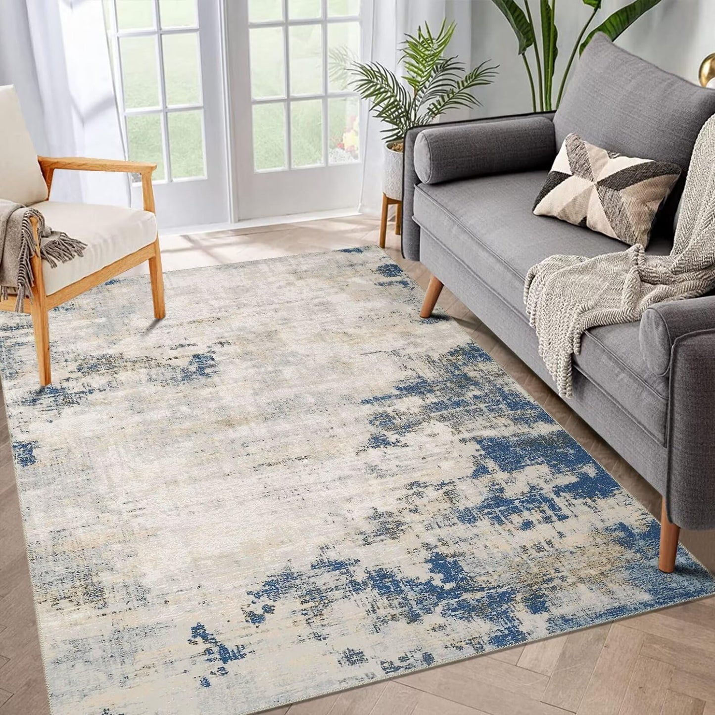 FairOnly Washable Rug Modern Area Rug 8x10 Low Pile Bedroom Rug, Thin Living Room Rug with Non Slip Backing No Shedding Large Area Rug Lightweight Abstract Machine Washable Rug for Home, Blue/Yellow