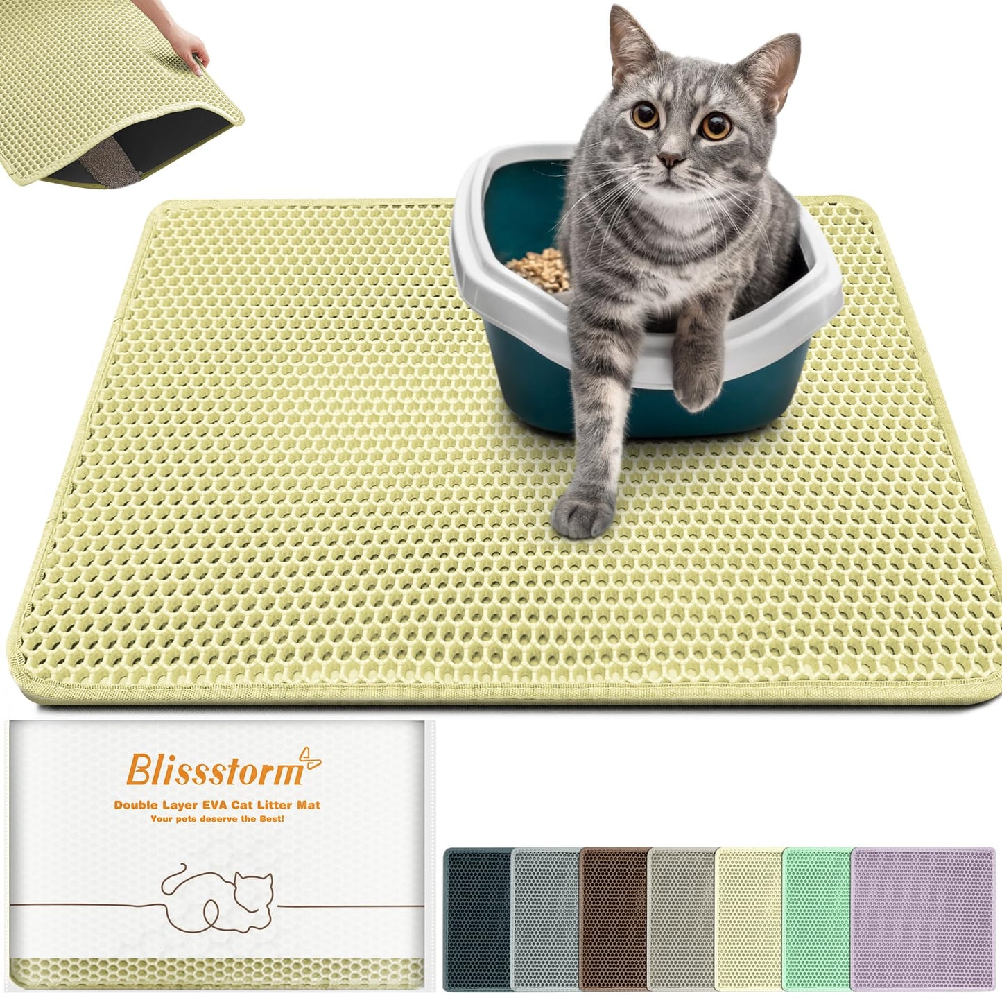 blissstorm Waterproof Cat Litter Mat - New 24x16 Inch Honeycomb Double Layer Traps Litter, Waterproof & Non-Slip Floor Protector, Easy Clean, Odor-Free, Cream