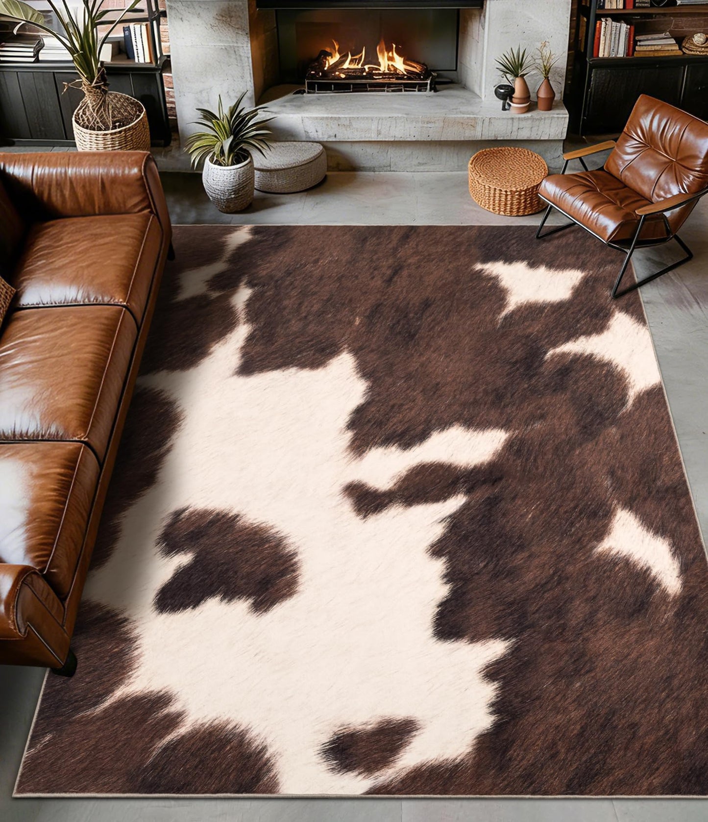 YIHOUSE Cowhide 5x7 Area Rug, Brown Cow Rugs for Living Room, Soft Low-Pile Washable Rug, Western Rustic Faux Animal Print Rugs for Bedroom, Dining Room