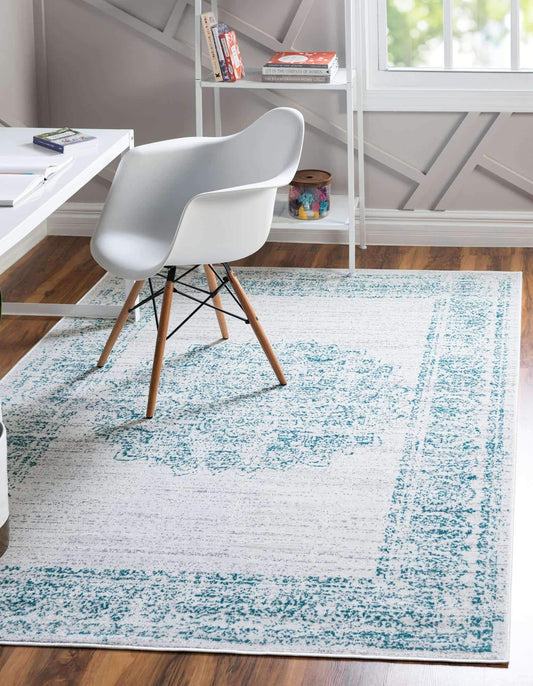 Unique Loom Aarhus Collection Vintage Border Area Rug (8' 0 x 10' 0 Rectangular, Cream/Teal)