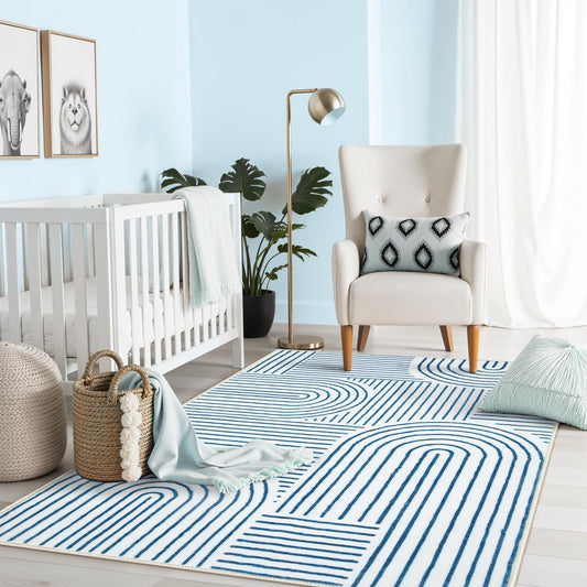 Lahome Abstract Washable Rugs, 4x6 Blue Rug for Bedroom Nursery Soft Non Slip Modern Living Room Rug, Ultra-Thin Non-Shedding Throw Carpet for Entryway Kitchen Office Darrell(4'x6',Blue/White)