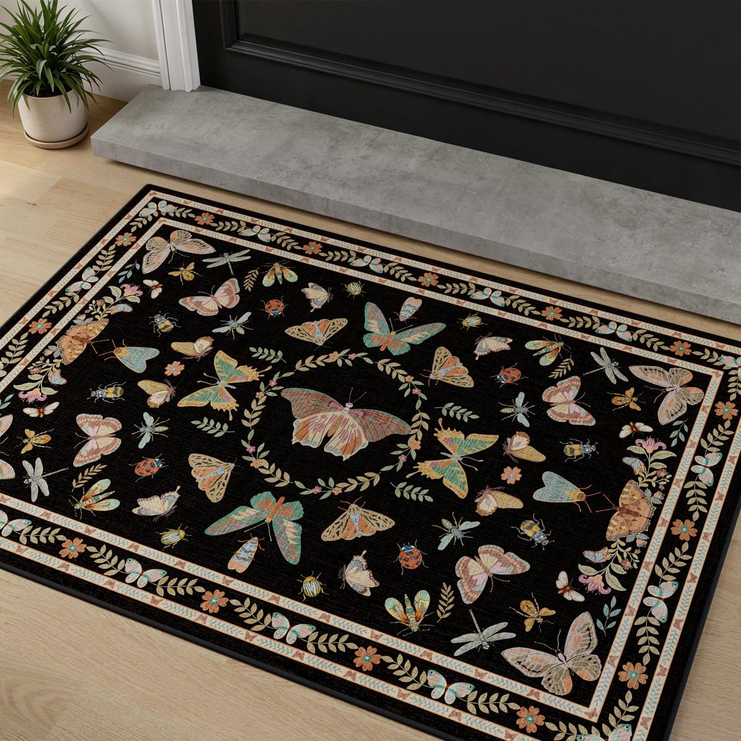 Unirea 2x3 Small Black Washable Area Rug, Door Mat Indoor Entrance Insect Rug, Non Slip Thin Area Rugs, Soft Boho Bug Entryway Rug for Kitchen, Bathroom, Bedroom, Laundry Room, Low Pile Carpet