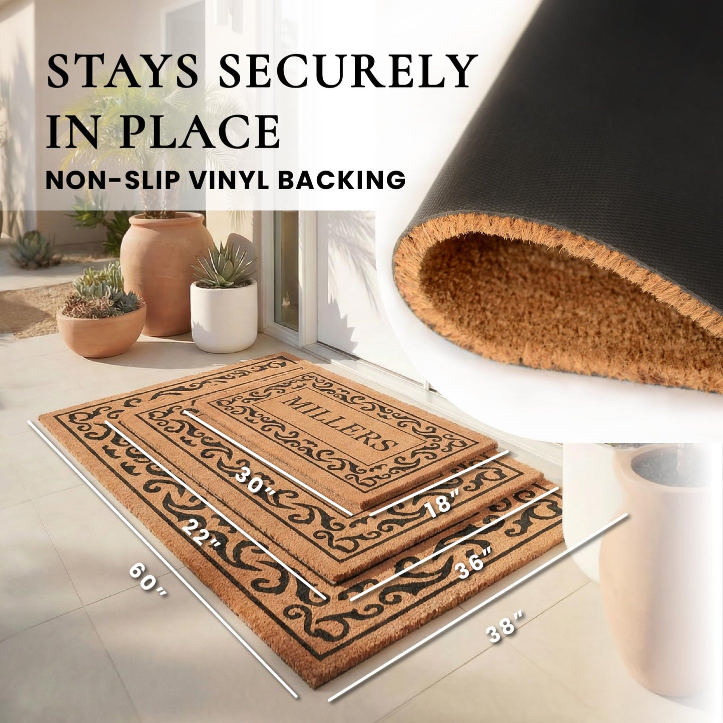 COCO MATS 'N MORE Coco Coir Door Mat – Personalized Outdoor Welcome Mat, Front Porch Mat with Vinyl Backing & Heavy-Duty Dirt-Trapping Bristles, (18" x 30" | Black | Rolling Scrolls | Made in USA)