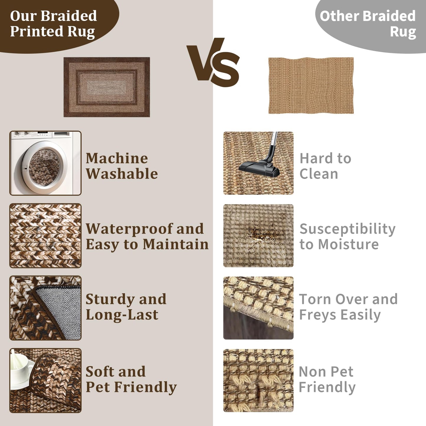 MilleLoom Braided Print Washable Rug 8x10 Area Rugs for Living Room Soft Bedroom Rug Stain-Resistant Rustic Foldable Mat Non Slip Low Pile Farmhouse Carpet for Dining Nursery Cottage Office Brown