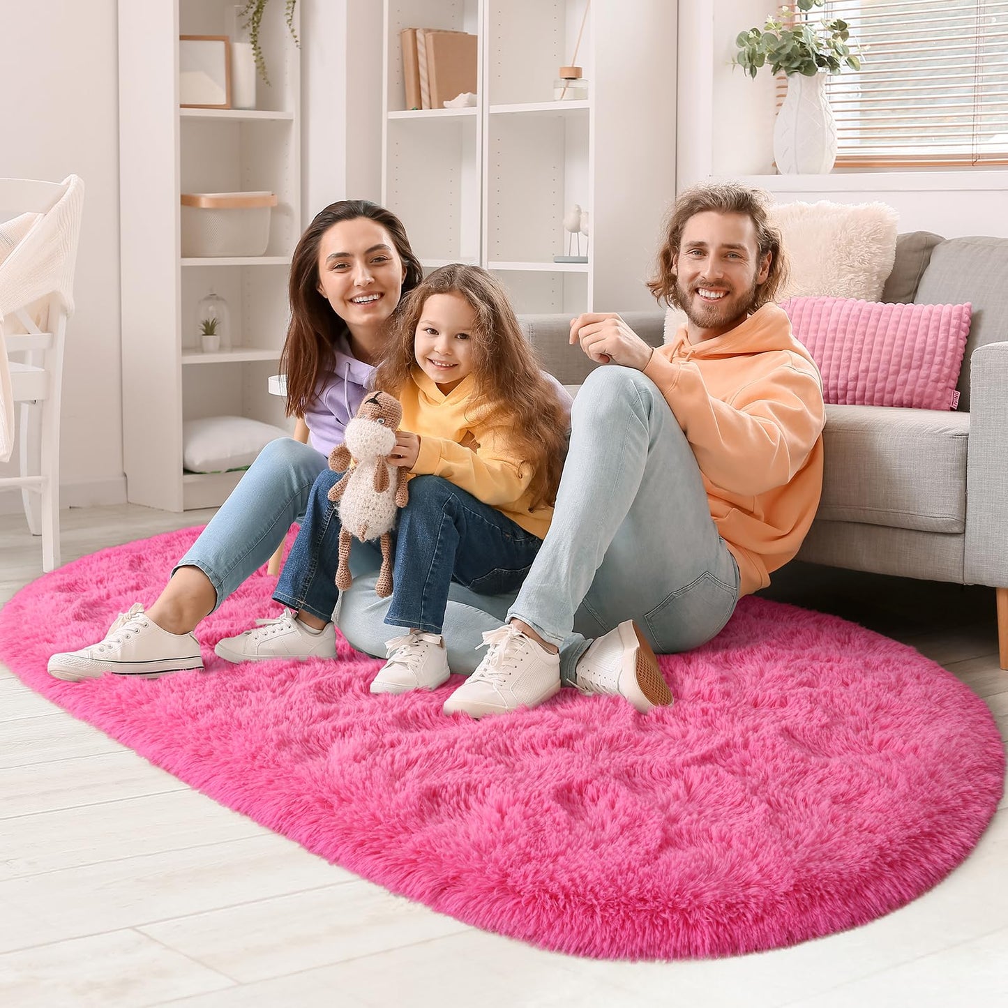 LOCHAS Bedroom Rug 2.6' x 5.3', Hot Pink Fluffy Shaggy Area Rug for Bedroom Bedside, Soft Oval Throw Rugs Carpet for Kids Girls Nursery Living Room Home Decor